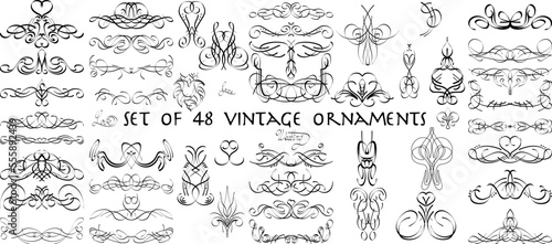 Set of 48 doodle sketch drawing vintage ornaments, wedding card design element or page decoration, vector graphic