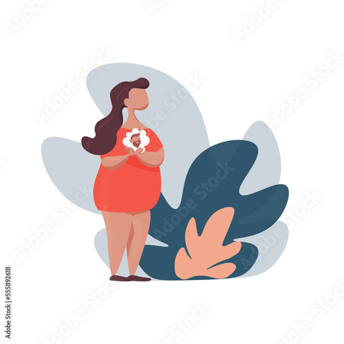 A young fat woman dreams of a man, dreams of being a man. Couple relationship problems. Weight problems. Gendner. One-sided unrequited feeling. Flat vector illustration.