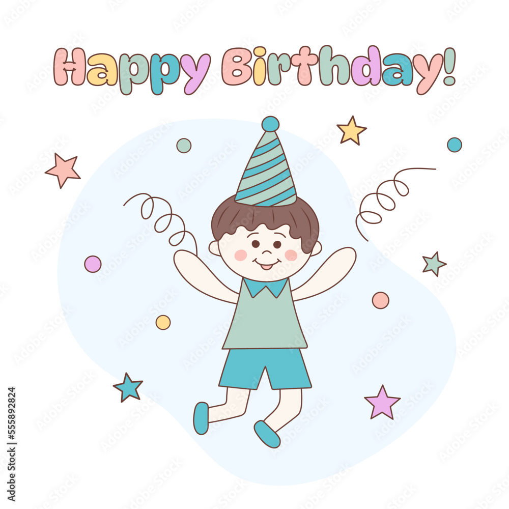 Cute little kawaii boy with party hat and confetti. Happy Birthday text. Hand drawn doodle illustration. Cute little kawaii boy with party hat and confetti. Happy Birthday text. Hand drawn doodle illustration.
