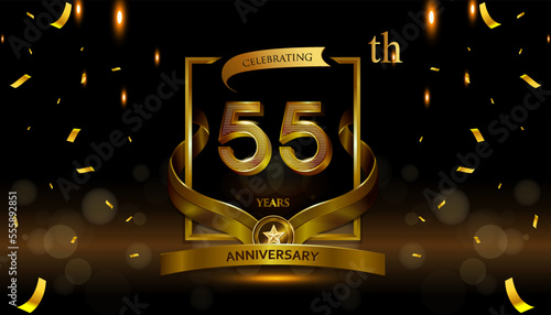 55th golden anniversary logo with gold ring and golden ribbon, vector design for birthday celebration, invitation card.