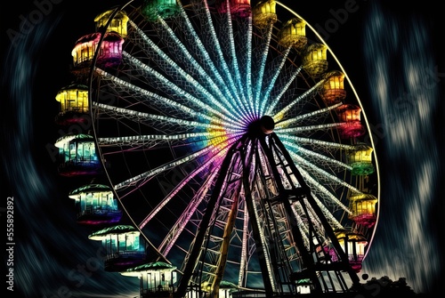 illustration of Ferris Wheel with vivid bright color splash, idea for fun and extreme theme, 