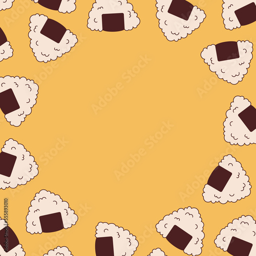 Vector round frame with onigiri in retro style. Groovy template with japanese traditional food. Border with asian food 70s.