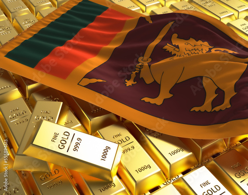 Ceylon national country flag on Golden ingots bars pyramid plate national foreign-exchange reserve banking economy system 3d rendering image concept