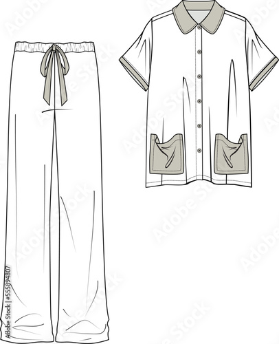 GIRLS AND WOMEN NIGHT WEAR PAJAMA SET SHIRT AND JOGGER FLAT DESIGN VECTOR