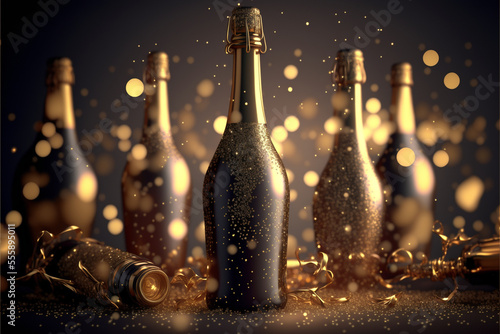 bottle of champagne Happy New year celebration bottle 2023, Generative AI	