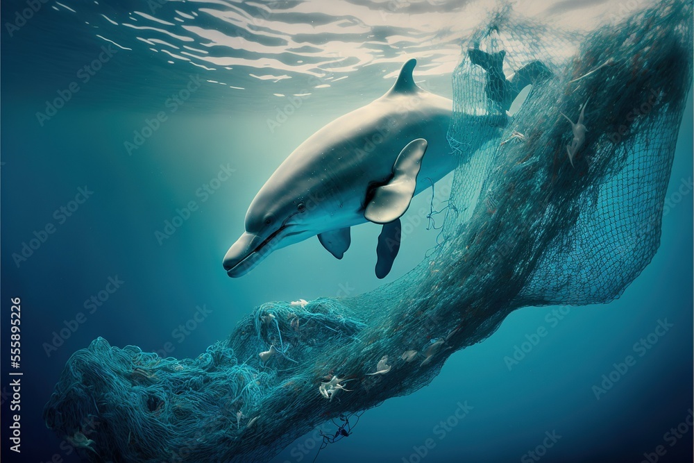 Dolphin Problem AI generated, a dolphin caught in a net, ocean pollution concept ...