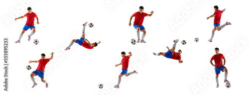 Collage of movements of young man, professional male soccer, football player in motion, training isolated over white background.