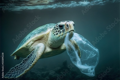 AI generated, Plastic Pollution In Ocean, Turtle Eat Plastic Bag, Environmental Problem