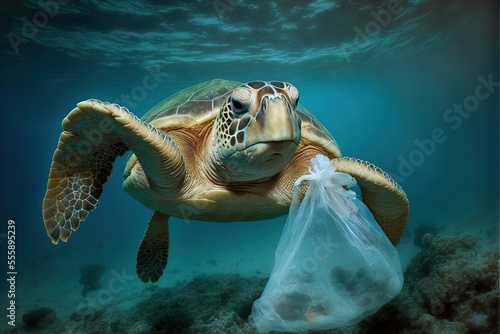 AI generated, Plastic Pollution In Ocean, Turtle Eat Plastic Bag, Environmental Problem © dasom