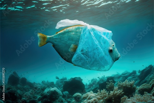 AI generated, Underwater pollution, A discarded plastic carrier bag drifting in a tropical, blue water ocean © dasom