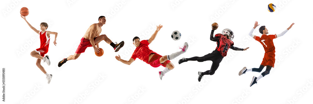 Fototapeta premium Basketball, football, voleyball players in action over white background. Concept of sport, achievements, competition, championship. Collage