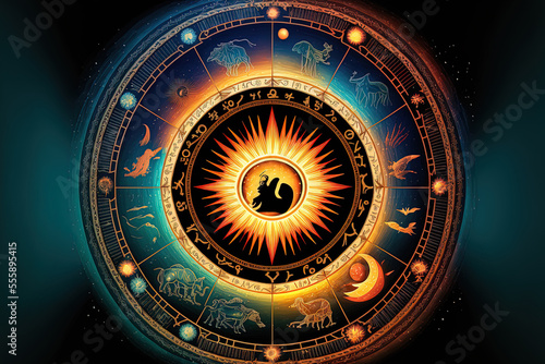 zodiac signs according to astrology within the horoscope circle. Background of Sunrise and Sun above Zodiac Wheel. the idea of the universe's power. Generative AI