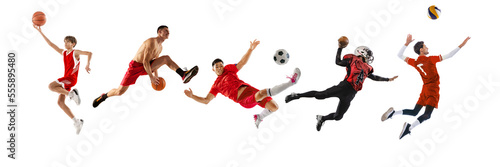 Basketball, football, voleyball players in action over white background. Concept of sport, achievements, competition, championship. Collage