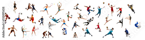 Mega collage of professional athletes, adults and children doing different sports isolated over white background. Sport, teamm competition