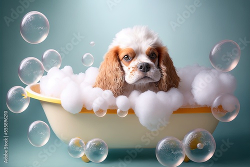Slika na platnu AI generated, Dog Taking Bubble Bath