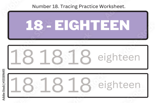 Numbers 18. Tracing Worksheet for kids. Preschool worksheet, practicing motor skills - tracing dashed lines. 