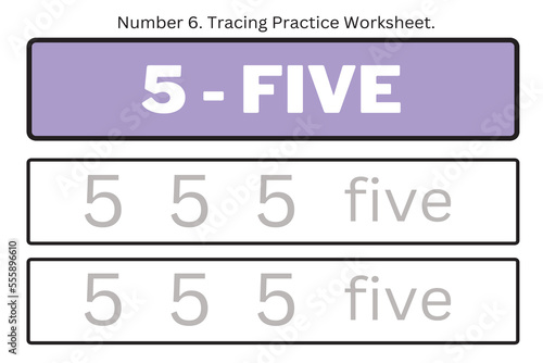 Numbers 5. Tracing Worksheet for kids. Preschool worksheet, practicing motor skills - tracing dashed lines. 