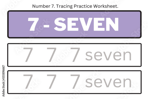 Numbers 7. Tracing Worksheet for kids. Preschool worksheet, practicing motor skills - tracing dashed lines. 