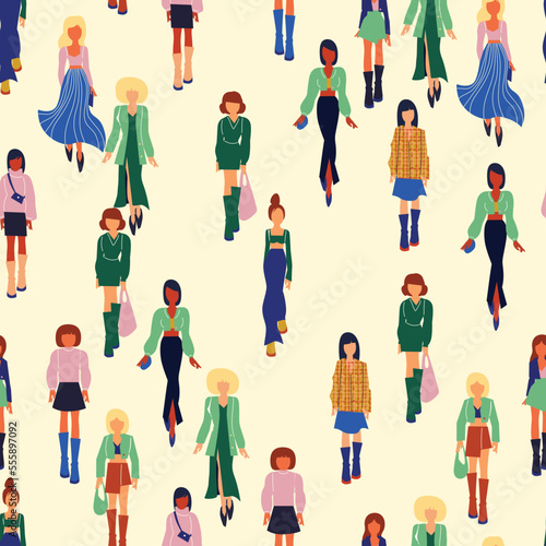Seamless pattern. Women in trendy clothes. Fashion flat style illustration.