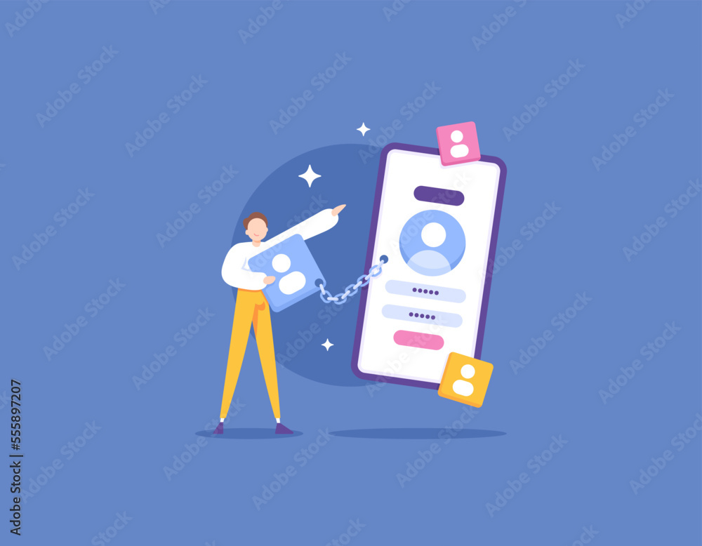 link accounts or connect accounts. login or sign in. a user connects his account with a smartphone using a chain. backup account. illustration concept design. graphic elements link accounts or connect accounts. login or sign in. a user connects his account with a smartphone using a chain. backup account. illustration concept design. graphic elements
