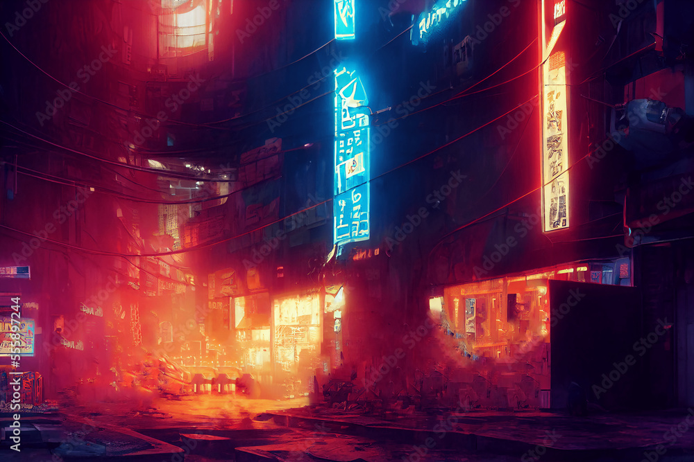 Obraz premium サイバーパンク、SF系背景の高解像度画像イラスト(AI generated image)
