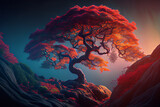 Beautiful Japanese maple tree on cliff at sunset. Atmospheric mood and lights.  
Digitally generated AI image.