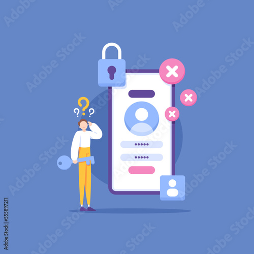 forgot password, wrong password or key, access denied. protection and security system. a user is confused because he can't log into his account. login attempt failed. illustration concept design