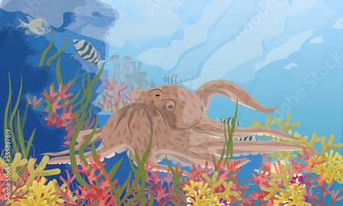Big octopus in the tropical sea with corals, fish and algae. Realistic vector landscape