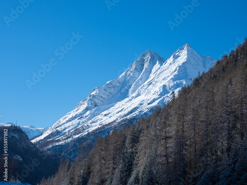 Val d'Herens, Switzerland - April 10th 2022: Sun lit fir tree forest in front of an alpine rough peak