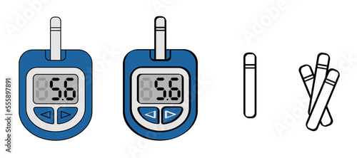 Check blood, glucose meter or glucometer. Blood sugar test, level on display. Diabetes insulin. Device for testing and monitoring level of sugar. Cartoon control and diagnosis of diabetes.