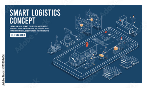 Isometric 3D Smart Industry concept with delivery tracking system on smartphone, development production packaging, global logistics partnership, automated production line. Vector illustration Eps10