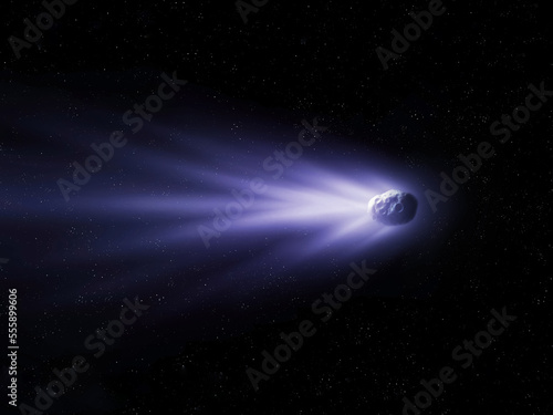 Comet tail against the background of stars. Glowing comet in the sky. Celestial body image.