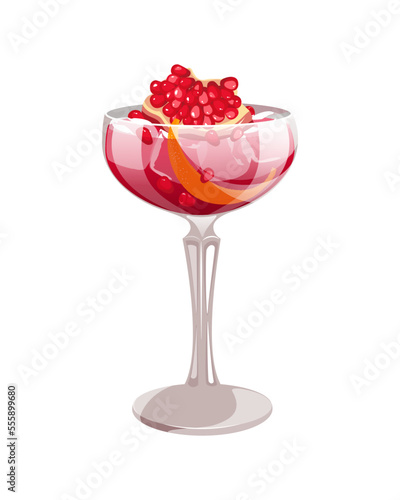 Pomegranate cocktail.Alcoholic cocktail with pomegranate seeds, orange peel, ice.Festive red-ruby cocktail.
