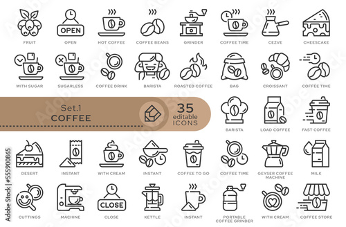 Set of conceptual icons. Vector icons in flat linear style for web sites, applications and other graphic resources. Set from the series - Coffee. Editable outline icon.	