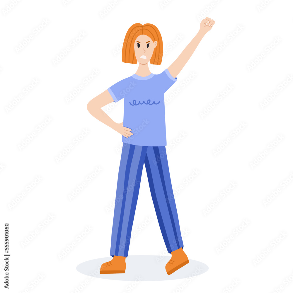 Women protests. Angry girl raising fist up. Concept of protest, democracy, rights. Civil resistance. Hand drawn vector cartoon illustration. Female community. Demonstration, revolution, meeting.