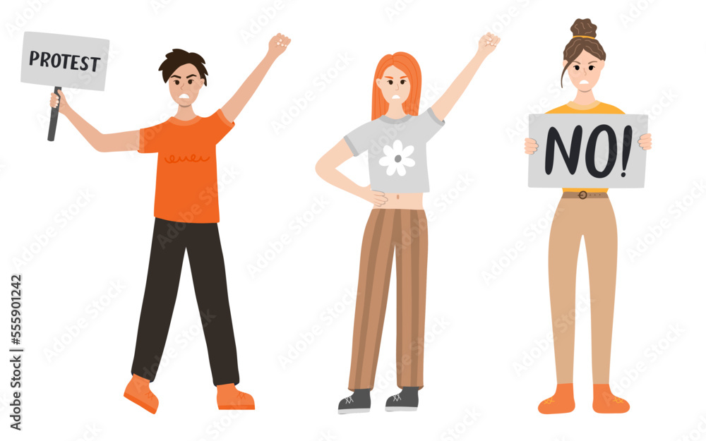 Group of women protest against gender violence. Angry girls in different poses: holding a banner, raising fist up. Civil resistance. Hand drawn vector cartoon illustration. Female community, equality