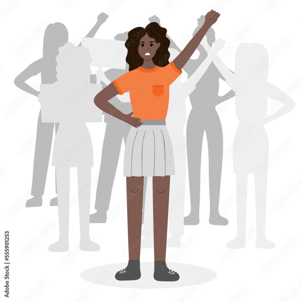 Fototapeta premium Crowd of protesters with angry girl raising fist up in front. Concept of protest, democracy, rights. Civil resistance. Hand drawn vector cartoon illustration. Female community. Demonstration