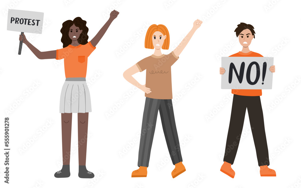 Group of women protest against gender violence. Angry girls in different poses: holding a banner, raising fist up. Civil resistance. Hand drawn vector cartoon illustration. Female community, equality Group of women protest against gender violence. Angry girls in different poses: holding a banner, raising fist up. Civil resistance. Hand drawn vector cartoon illustration. Female community, equality