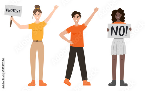 Group of women protest against gender violence. Angry girls in different poses: holding a banner, raising fist up. Civil resistance. Hand drawn vector cartoon illustration. Female community, equality