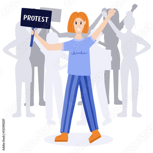 Crowd of protesters with angry girl holding a banner and raising fist up in front. Concept of protest, democracy, rights. Civil resistance. Hand drawn vector cartoon illustration. Female community