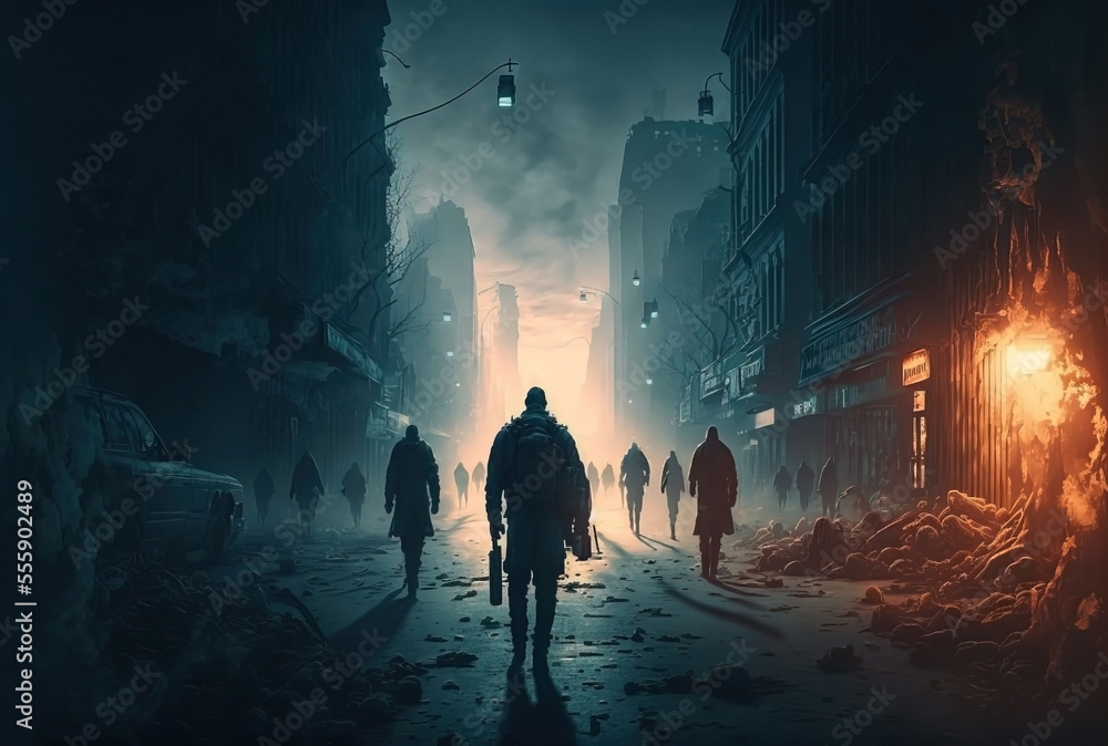 A post-apocalyptic city interior with debris and zombie-infested streets. A post-apocalyptic city interior with debris and zombie-infested streets.