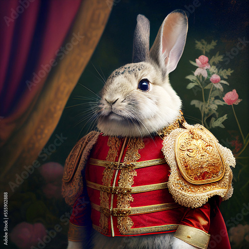 Portrait with Rabbit Dressed Up as General. Bunny in Elegant Bright Clothes. Generative AI Art. Hare as Commander in Chief.