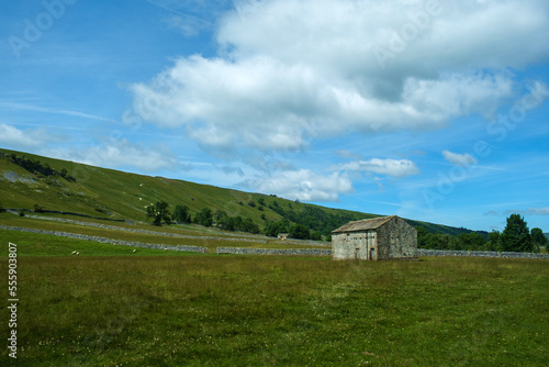 Typical drystone walls and barns in the countryside around Kettlewell, Upper Wharfedale, North Yorkshire, UK