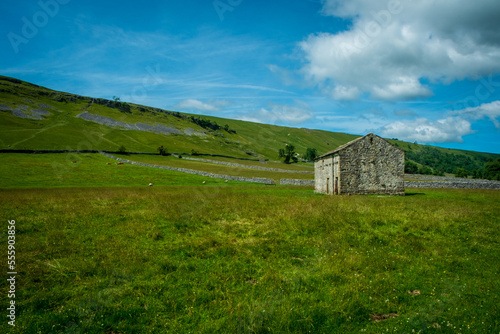 Typical drystone walls and barns in the countryside around Kettlewell, Upper Wharfedale, North Yorkshire, UK