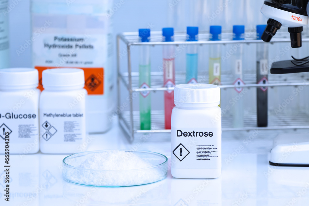 Dextrose in bottle , chemical in the laboratory and industry Dextrose in bottle , chemical in the laboratory and industry