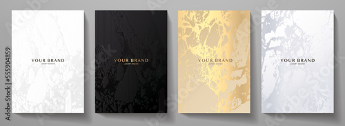 Modern cover design set. Luxury black, silver, gold background with abstract pattern. Premium vector template for menu, invite, brochure template, lux flyer