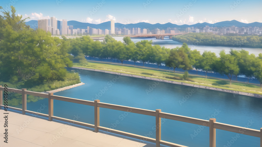 Obraz premium アニメ調の街系背景の高解像度画像イラスト(AI generated image)