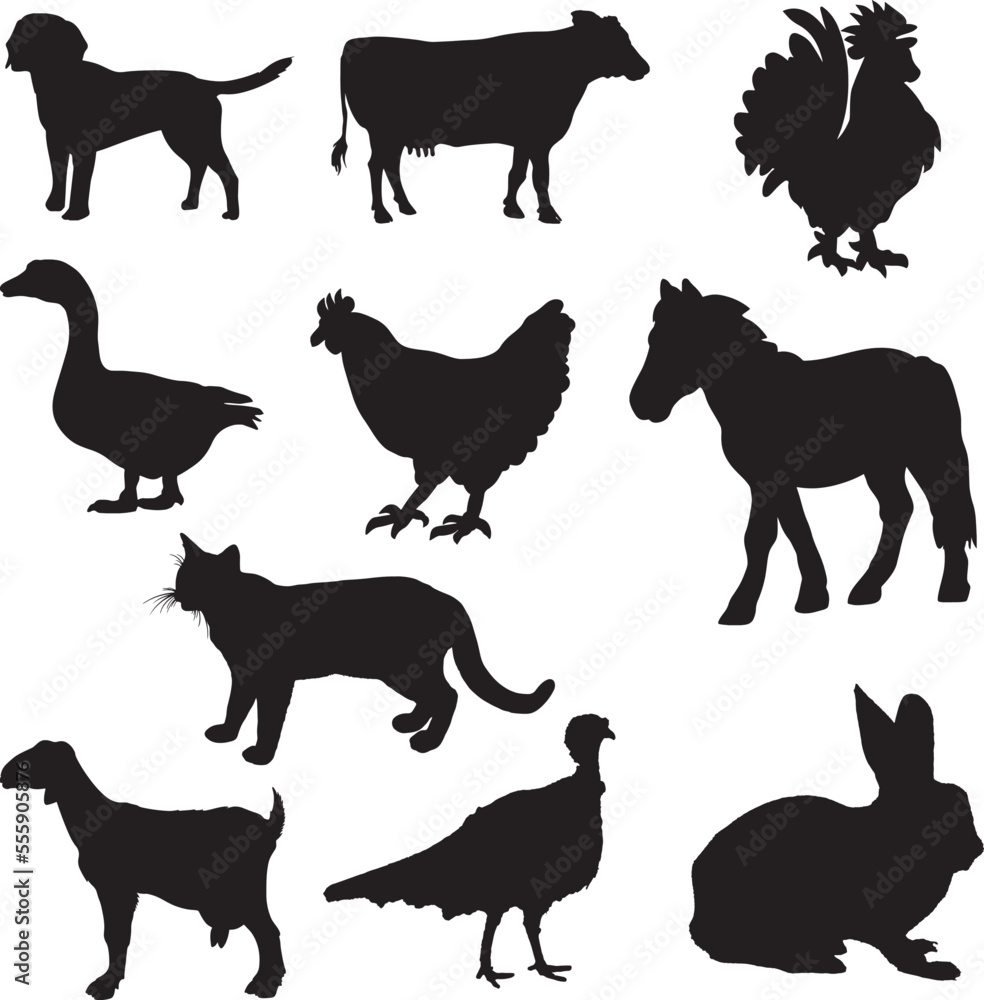 farm animals silhouettes set .  silhouettes of domestic farm animals