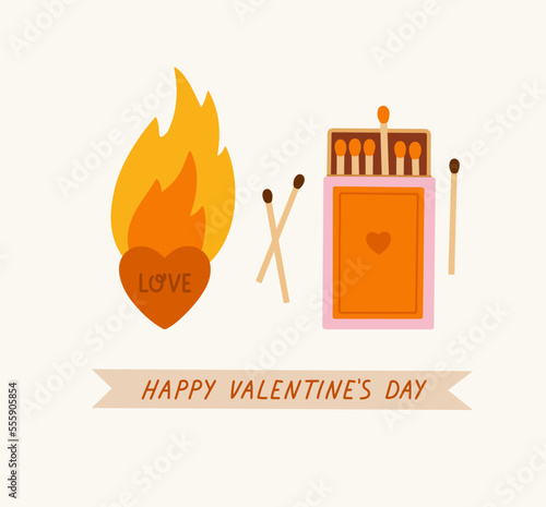 Hand-drawn matchbox, burnt matchstick, heart on fire, and hand lettering. Concept of valentine's day, romance, good moments, love, fire, match. 