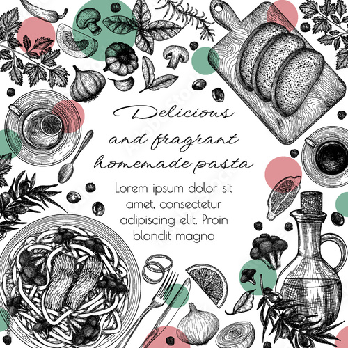 Vector banner template with food. Tagletelle pasta with salmon and broccoli, lemon tea, coffee, olive oil, engraving style bread